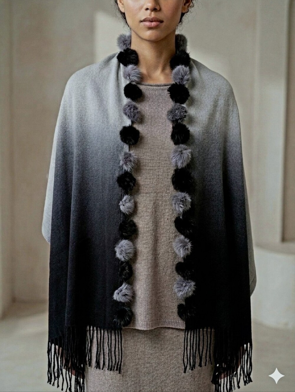 Ombre Shawl Gray & Black w/ Fur Pom Pom Scarf Wrap